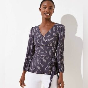 LOFT  Womens Gray Print Long Sleeve Wrap Blouse